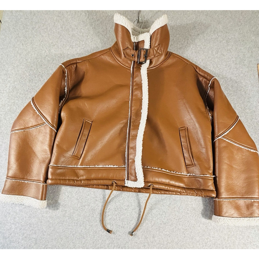 Justify‎ Sherpa Aviator Jacket Brown Faux Leather B3 Moto Coat XL